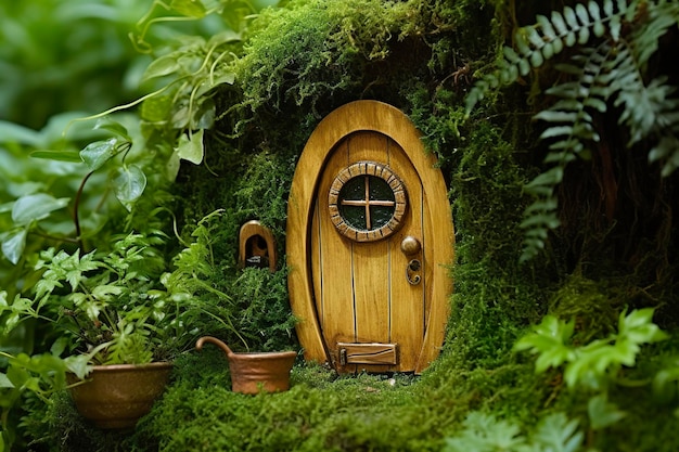 Foto piccole porte magiche in legno e piante lasciate su uno sfondo verde naturale di muschio
