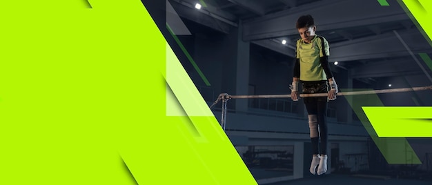 Little male athlete training in gym, doing strength exercises, practicing. Sportsman works on her upper and lower body. Fitness, wellness, sport, healthy lifestyle concept. Flyer with copyspace.
