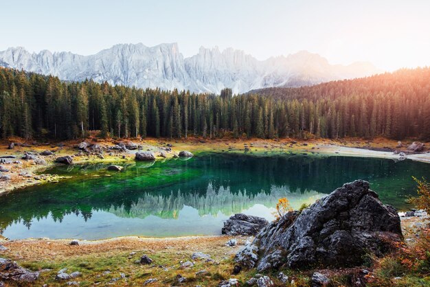 Little mere. Autumn landscape with clear lake, fir forest and majestic mountains