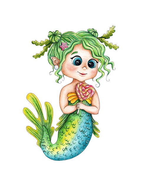 Little mermaid with caramel in hands watercolor