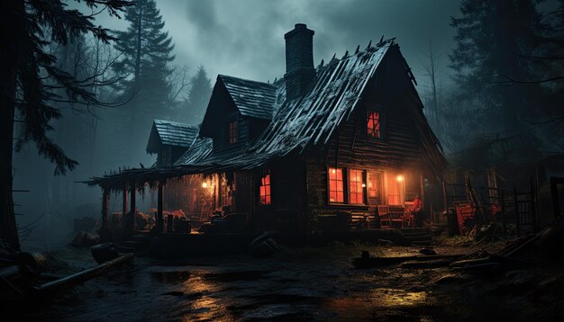 little Miss red riding hood dark forest misty log cabin