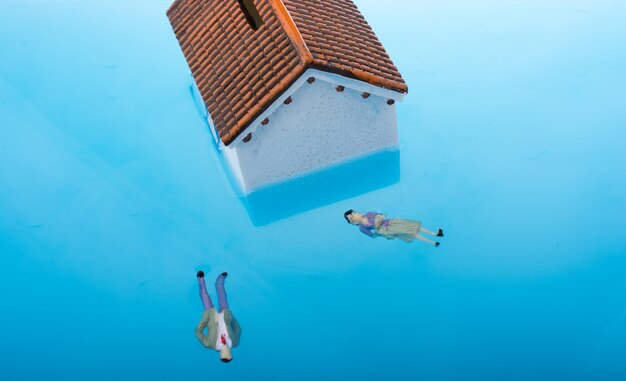 Little model house and figurines in water