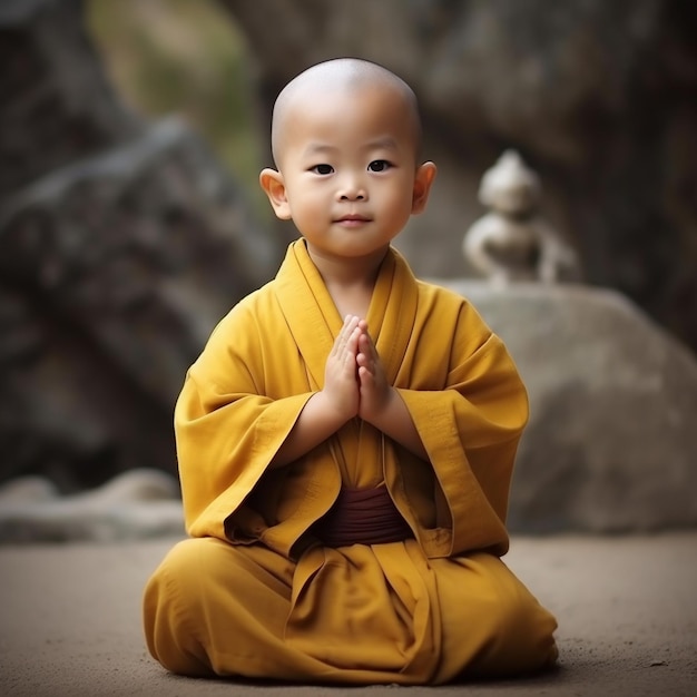 маленький монах, сидящий в желтом одеянии.