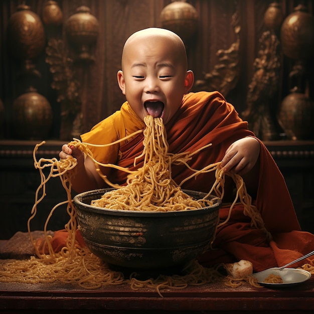 The little monk tries to swallow the noodles