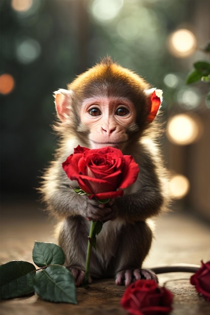 Photo little monkey with red rose