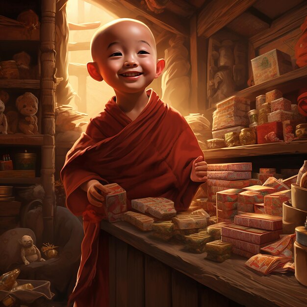 The little monks eyes widened with delight as he reached for the temples stash of sweets