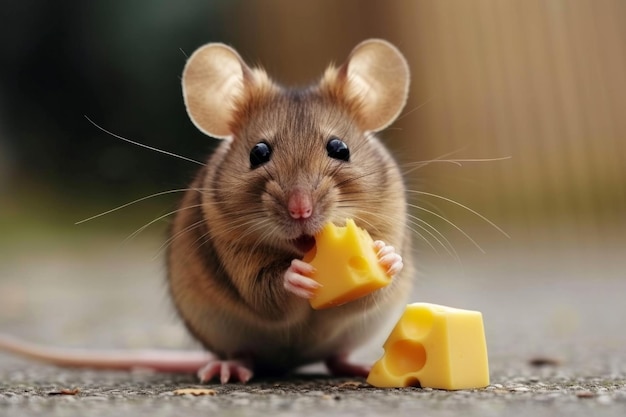 Little mouse A hungry little mouse holds a piece of cheese in its paws A cute little mouse eats a pi