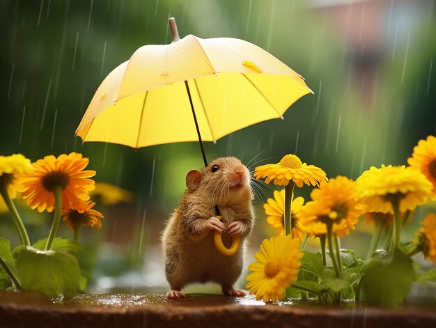 Photo a little mouse with a small yellow umbrella is aniussating the flower galls generated ai