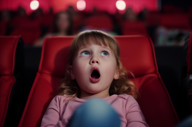 Photo little moviegoer with a jaw drop watching a plot twist