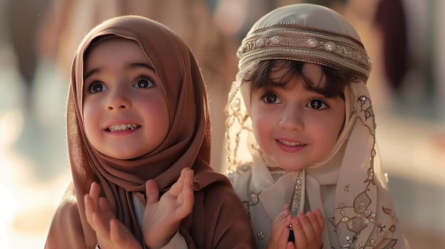 작은 무슬림 형제 자매는 라마단 카림을 축하하는 데 행복합니다.