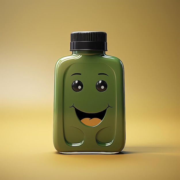 Photo little oil bottle on beige background with smiling face in the style of rendered in cinema4d