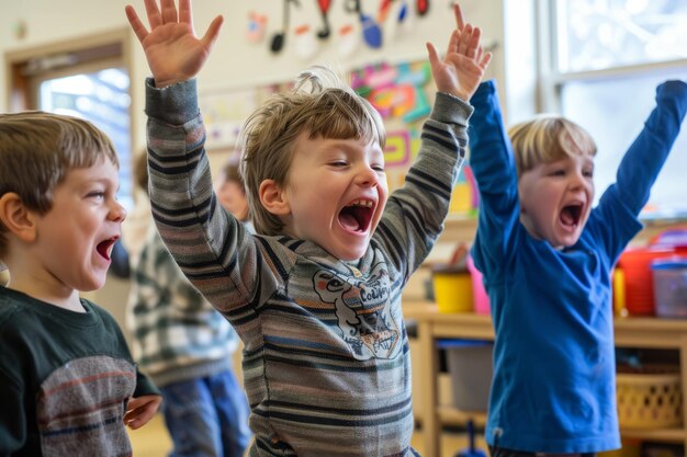 Photo little ones in class energetically vocalize vowel sounds their eager voices filling the room as they engage in a group activity focused on phonetic development