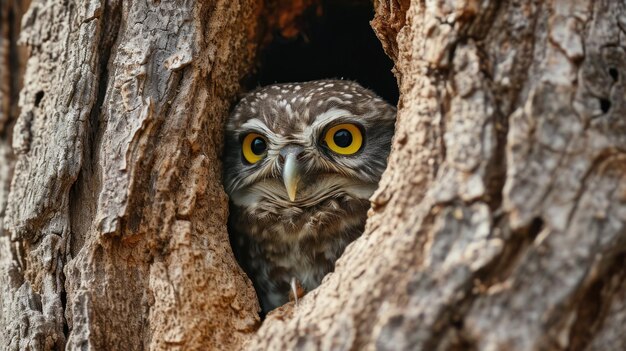 写真 樹木 の 穴 から 眺め て いる 小さな オオカミ