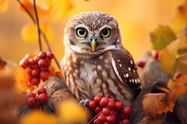 Little Owl Portrait Sitting on Branch Generative AI