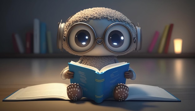 青い本が載った本を読んでいる小さなフクロウ。