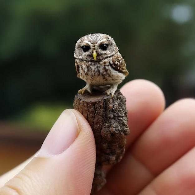 Little owl sitting on a wooden stick in the hands of a child