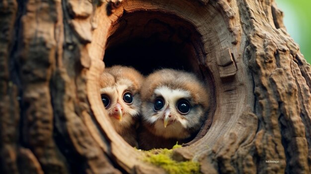 little owls are looking up at the nest