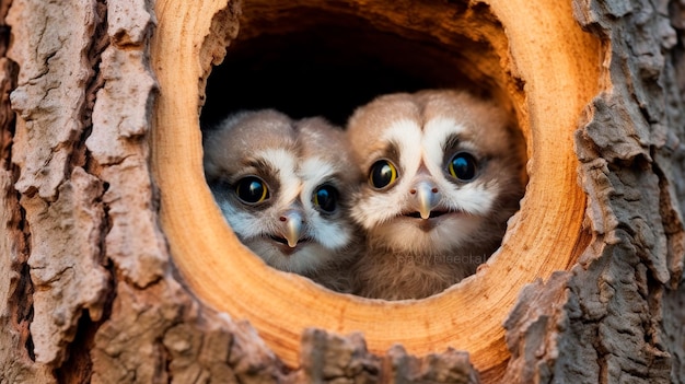 маленькие совы смотрят на гнездо