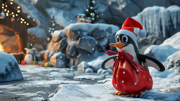 Фото Маленький пингвин в красной шляпе санта и с мешком, полным подарков.