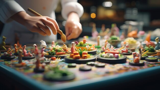 写真 果物や野菜を選んで食べ物を作る小さな人々