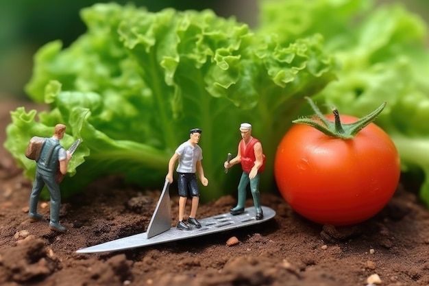 果物や野菜を選んで食べ物を作る小さな人々