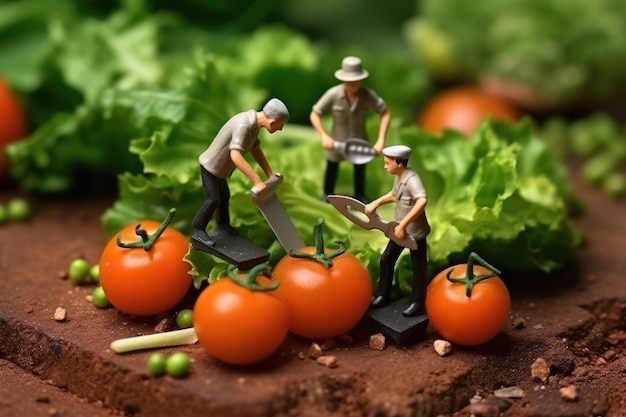 果物や野菜を選んで食べ物を作る小さな人々