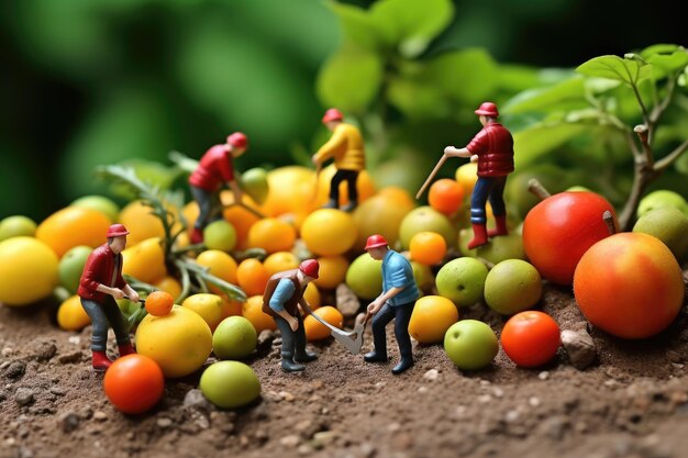 작은 사람들은 음식을 만들고 과일과 채소를 뽑습니다.