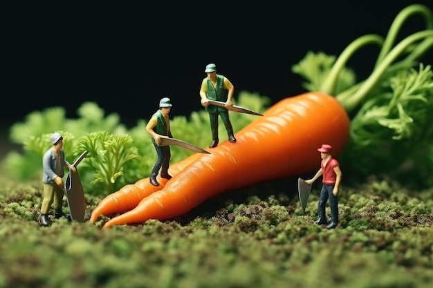 小さな人々が食べ物を作り果物や野菜を拾います