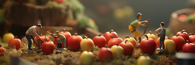 Little people working on fruits Miniature blur background