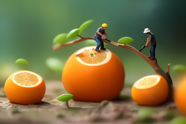 Little people working on fruits Miniature blur background