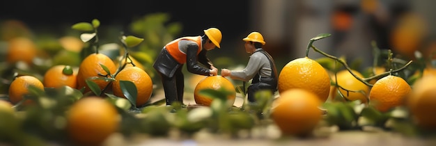 Little people working on fruits Miniature blur background