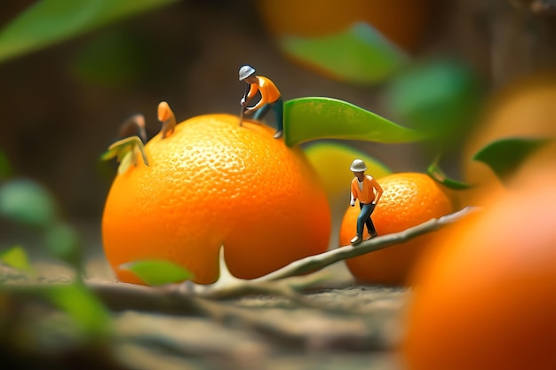 Little people working on fruits Miniature blur background