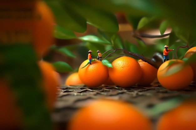 Little people working on fruits Miniature blur background