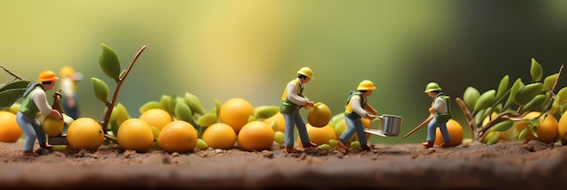 Little people working on fruits Miniature blur background