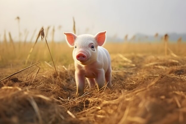 Little Pig Standing On Dry Grass