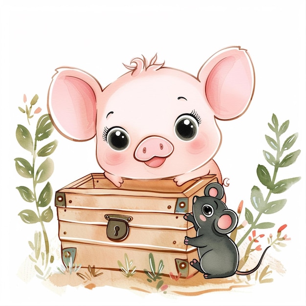 Foto un piccolo maiale con una valigia e un topo generativo ai