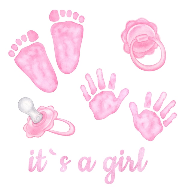 Little pink palm handprint footprint Pacifier dummy for newborn It is a girl Baby shower gender reveal party Hand drawn watercolor illustration isolated on white background