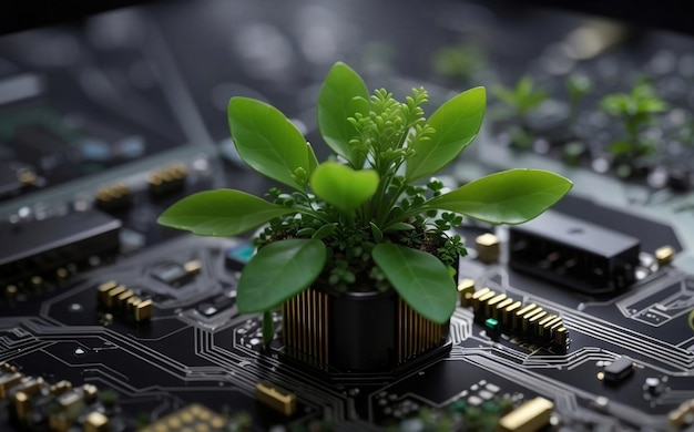 A little plant growing on computer mainboard