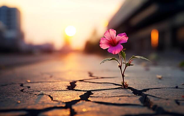 夕暮れの背景で裂け目のある地面で成長する小さな植物