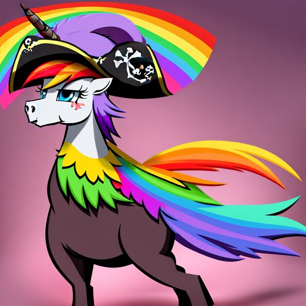 little pony rainbow with a pirate hat vector high quality cartoon high details graphics for kids