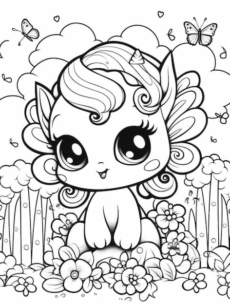 Photo a little pony with a butterfly on her head sitting in the grass generative ai