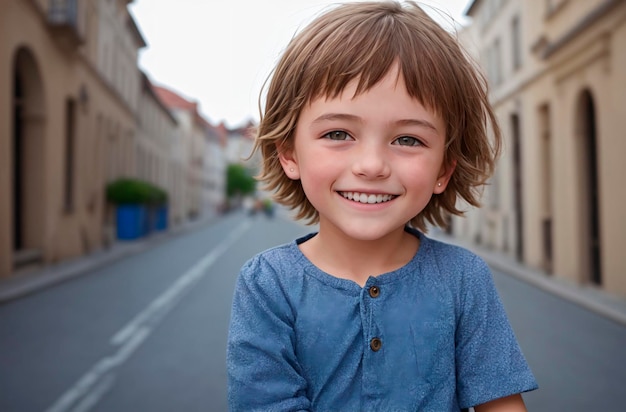 Little positive boy Portrait of happy kid with smile on face Generative AI