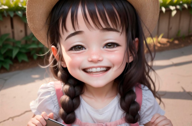 Little positive girl in city park Portrait of happy kid with smile on walk Generative AI