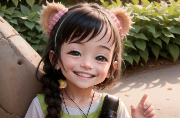 Little positive girl in city park Portrait of happy kid with smile on walk Generative AI