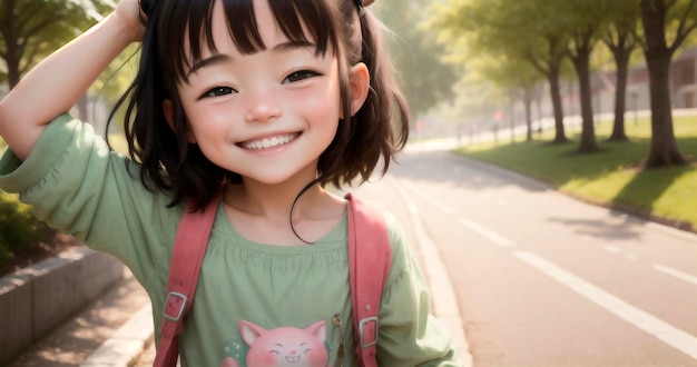 Little positive girl on city street Portrait of happy kid with smile on walk Generative AI