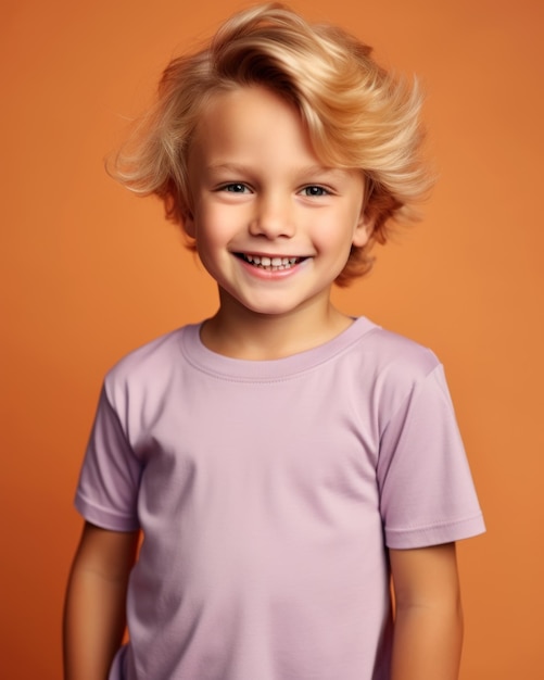 Little pretty boy smiling model posing at camera in bright studio Generative AI