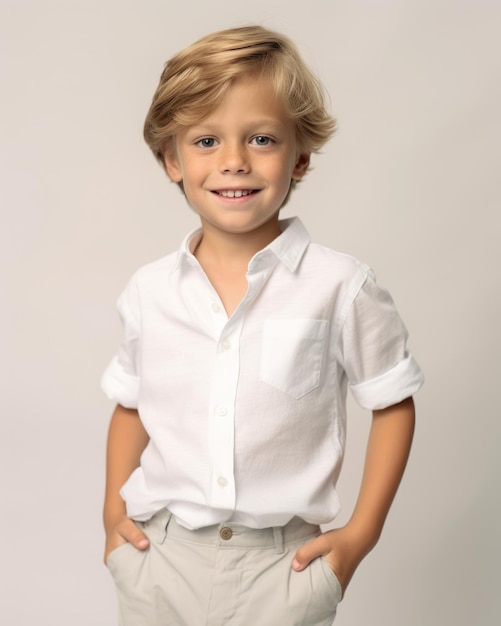 Little pretty boy smiling model posing at camera in bright studio Generative AI