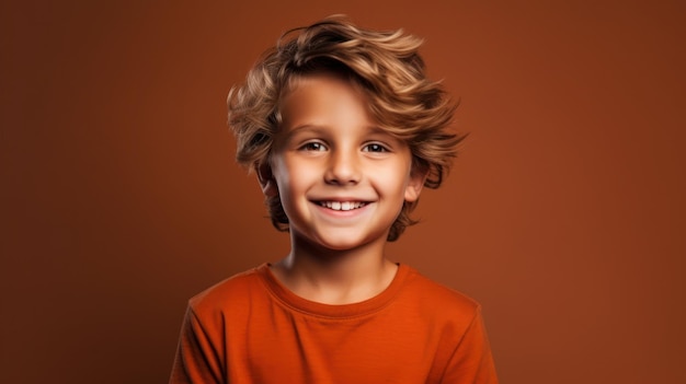 Little pretty boy smiling model posing at camera in bright studio Generative AI