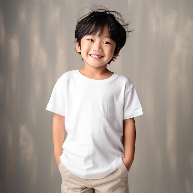 Little pretty boy smiling model posing at camera in bright studio