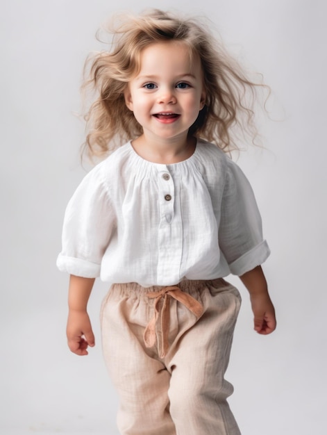 Little pretty girl smiling model posing at camera in bright studio